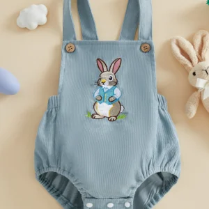 Infant Easter Bunny Romper Adorable Sleeveless Newborn Overalls Jumpsuit with Embroidered Rabbit Design for Baby Boy