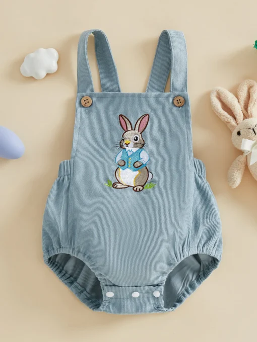 Infant Easter Bunny Romper Adorable Sleeveless Newborn Overalls Jumpsuit with Embroidered Rabbit Design for Baby Boy