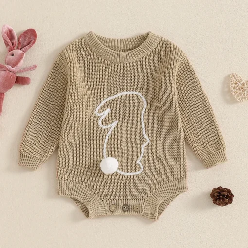 2024-10-30 Lioraitiin 0-18M Newborn Baby Boys Girls Easter Romper Spring Long Sleeve Bunny Embroidery Knit Bodysuit Playsuit