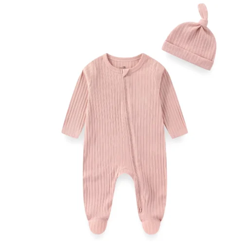 S21ed31996c324440b37a4bd3211e3a28W-1.webp 2 Pieces Solid Color Romper+Hat 2-way Zipper Cotton Baby Girl Clothes 0-12M Spring Newborn Baby Boy Clothes Sets Winter