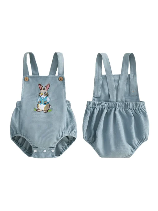 Infant Easter Bunny Romper Adorable Sleeveless Newborn Overalls Jumpsuit with Embroidered Rabbit Design for Baby Boy