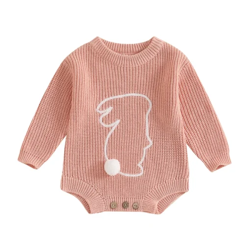 2024-10-30 Lioraitiin 0-18M Newborn Baby Boys Girls Easter Romper Spring Long Sleeve Bunny Embroidery Knit Bodysuit Playsuit