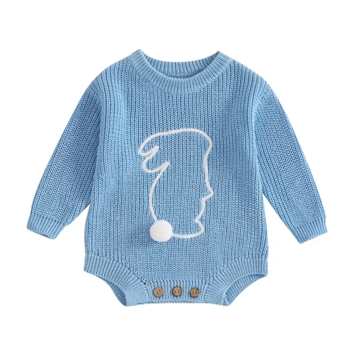 2024-10-30 Lioraitiin 0-18M Newborn Baby Boys Girls Easter Romper Spring Long Sleeve Bunny Embroidery Knit Bodysuit Playsuit