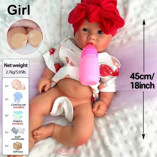 45cm Open Mouth Chubby Girl Full Soft Silicone Reborn Baby Realistic Details Doll for Pregnancy or Infant Loss Memorial Keepsake