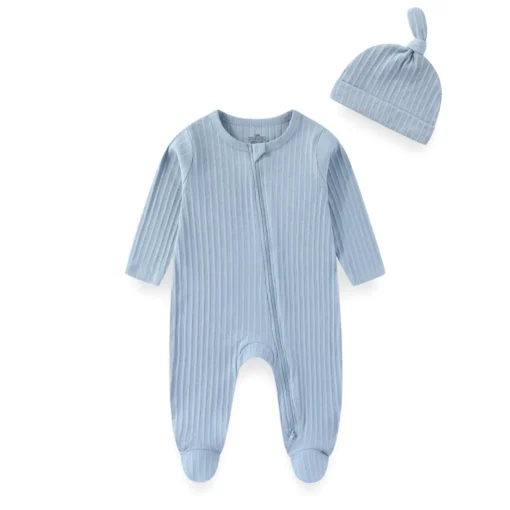 S3f10451a810e46bb92e2a67f07bd0e838-1.webp 2 Pieces Solid Color Romper+Hat 2-way Zipper Cotton Baby Girl Clothes 0-12M Spring Newborn Baby Boy Clothes Sets Winter