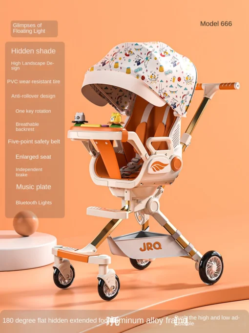 Newborn Baby Stroller Raised Guardrail can Sit, Lie Down and Foldable Two-way High Landscape Children's Strollers