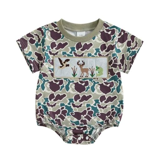 Toddler Boy Lightweight Camo Romper with Short Sleeves Round Neck and Cute Animal Embroidery for Summer Fun