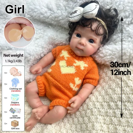 12 Inch 30CM Soft Full Silicone Reborn Baby Girl with Rooted Hair Washable Body Visible Veins Doll Birthday Christmas Gift