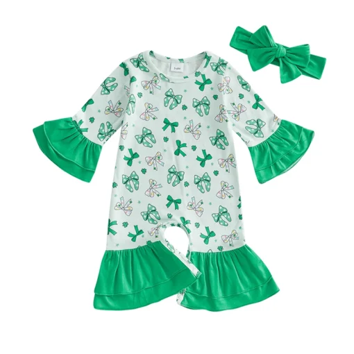 Adorable Baby Girls St Patrick s Day Shamrock Romper with Ruffle Sleeves and Matching Headband Set for Infant Toddler