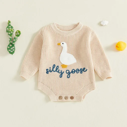 Lioraitiin Infant Baby Knitted Rompers Cute Long Sleeve Round Neck White Goose Letter Embroidery Jumpsuit