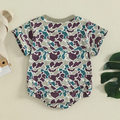 Toddler Boy Lightweight Camo Romper with Short Sleeves Round Neck and Cute Animal Embroidery for Summer Fun