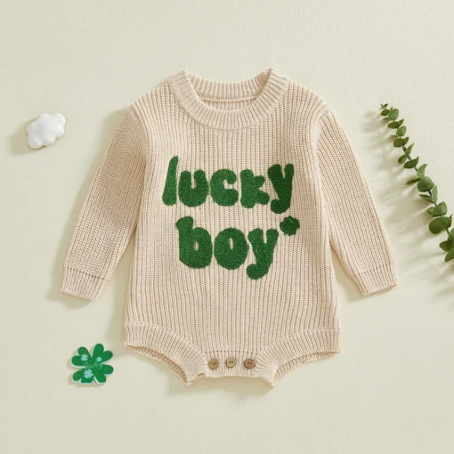 Lioraitiin Newborn Baby Boy Knit Romper Long Sleeve Crew Neck Embroidery Letters Fall Bodysuit Sweater for Casual Daily