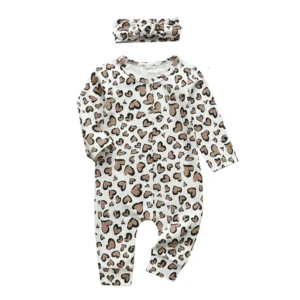 Infant Baby Girls Romper Hearts Print Long Sleeve Jumpsuit with Headband