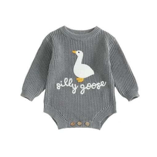 Lioraitiin Infant Baby Knitted Rompers Cute Long Sleeve Round Neck White Goose Letter Embroidery Jumpsuit