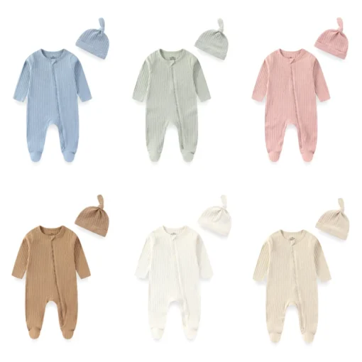 Sa689e1b3bc63439ea82766b2020e0997e-1.webp 2 Pieces Solid Color Romper+Hat 2-way Zipper Cotton Baby Girl Clothes 0-12M Spring Newborn Baby Boy Clothes Sets Winter