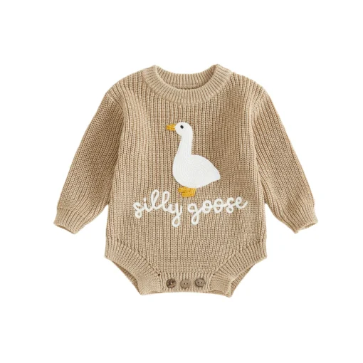 Lioraitiin Infant Baby Knitted Rompers Cute Long Sleeve Round Neck White Goose Letter Embroidery Jumpsuit