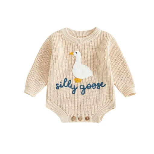 Lioraitiin Infant Baby Knitted Rompers Cute Long Sleeve Round Neck White Goose Letter Embroidery Jumpsuit