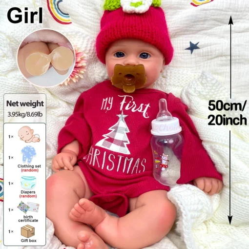 50cm Open Mouth Realistic Soft Touch Full Body Silicone Reborn Baby Girl Weighted Newborn Doll for Lifelike Cuddle Experience