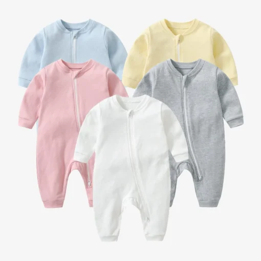 Spring Long Sleeve Solid Baby Boys Girls Rompers Cotton Jumpsuits Kids Clothes Climb Suits Zipper Nightclothes