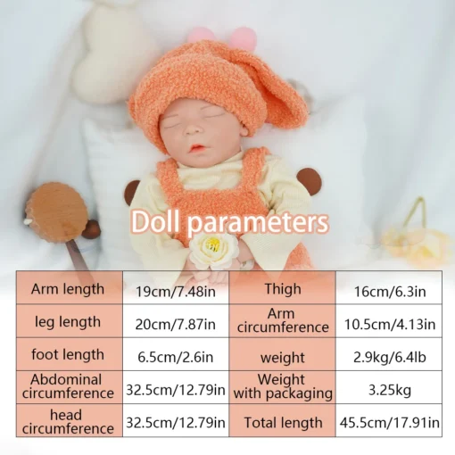 17.9-inch all silicone reborn baby girl -2.9 kg real weight. Has a natural deep sleep expression and a slightly open mouth.