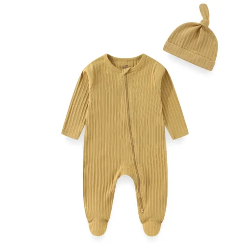 Se9913379489e43ae9480484d94568ea5G-1.webp 2 Pieces Solid Color Romper+Hat 2-way Zipper Cotton Baby Girl Clothes 0-12M Spring Newborn Baby Boy Clothes Sets Winter