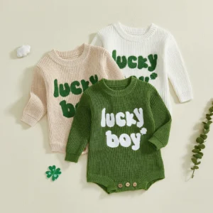 Lioraitiin Newborn Baby Boy Knit Romper Long Sleeve Crew Neck Embroidery Letters Fall Bodysuit Sweater for Casual Daily