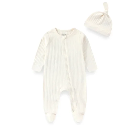 Sf369d208bd2d46aeb58f1afb469373e8d-2.webp 2 Pieces Solid Color Romper+Hat 2-way Zipper Cotton Baby Girl Clothes 0-12M Spring Newborn Baby Boy Clothes Sets Winter