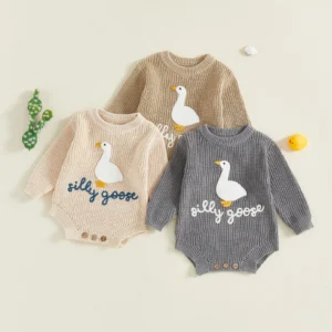 Lioraitiin Infant Baby Knitted Rompers Cute Long Sleeve Round Neck White Goose Letter Embroidery Jumpsuit