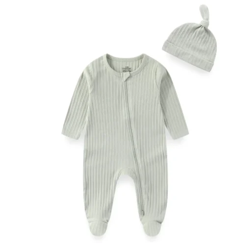 Sf8e0fba40e0640cb8cad87f17cd7d7b08-1.webp 2 Pieces Solid Color Romper+Hat 2-way Zipper Cotton Baby Girl Clothes 0-12M Spring Newborn Baby Boy Clothes Sets Winter