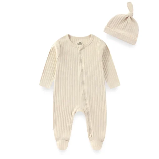 Sfaaff8057f4e4a80ba43d959d8808617s-2.webp 2 Pieces Solid Color Romper+Hat 2-way Zipper Cotton Baby Girl Clothes 0-12M Spring Newborn Baby Boy Clothes Sets Winter