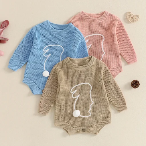 2024-10-30 Lioraitiin 0-18M Newborn Baby Boys Girls Easter Romper Spring Long Sleeve Bunny Embroidery Knit Bodysuit Playsuit